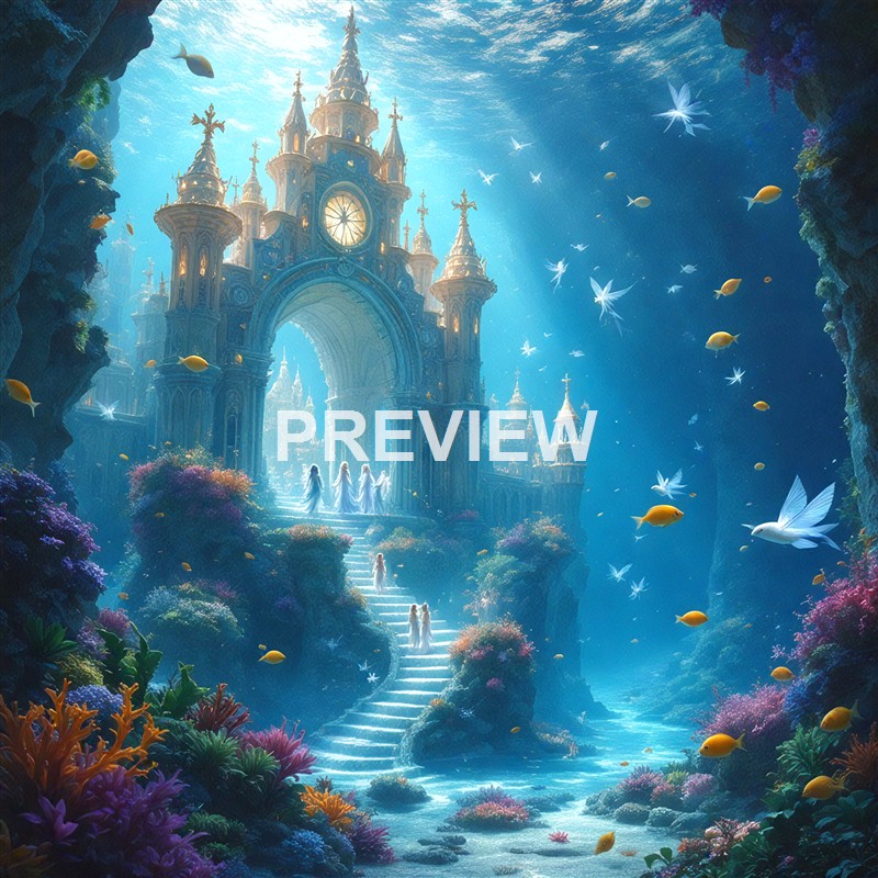 An underwater scene featuring a majestic, ornate castle with golden spires, surrounded by colorful coral reefs, various fish, and ethereal glowing creatures, with a staircase leading up to the castle entrance and a group of three figures in flowing garments walking towards it.